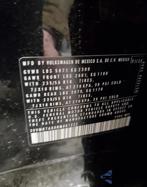 2024 Volkswagen Tiguan Se z USA, uszkodzony, nr VIN 3VVMB7AX9RM081222